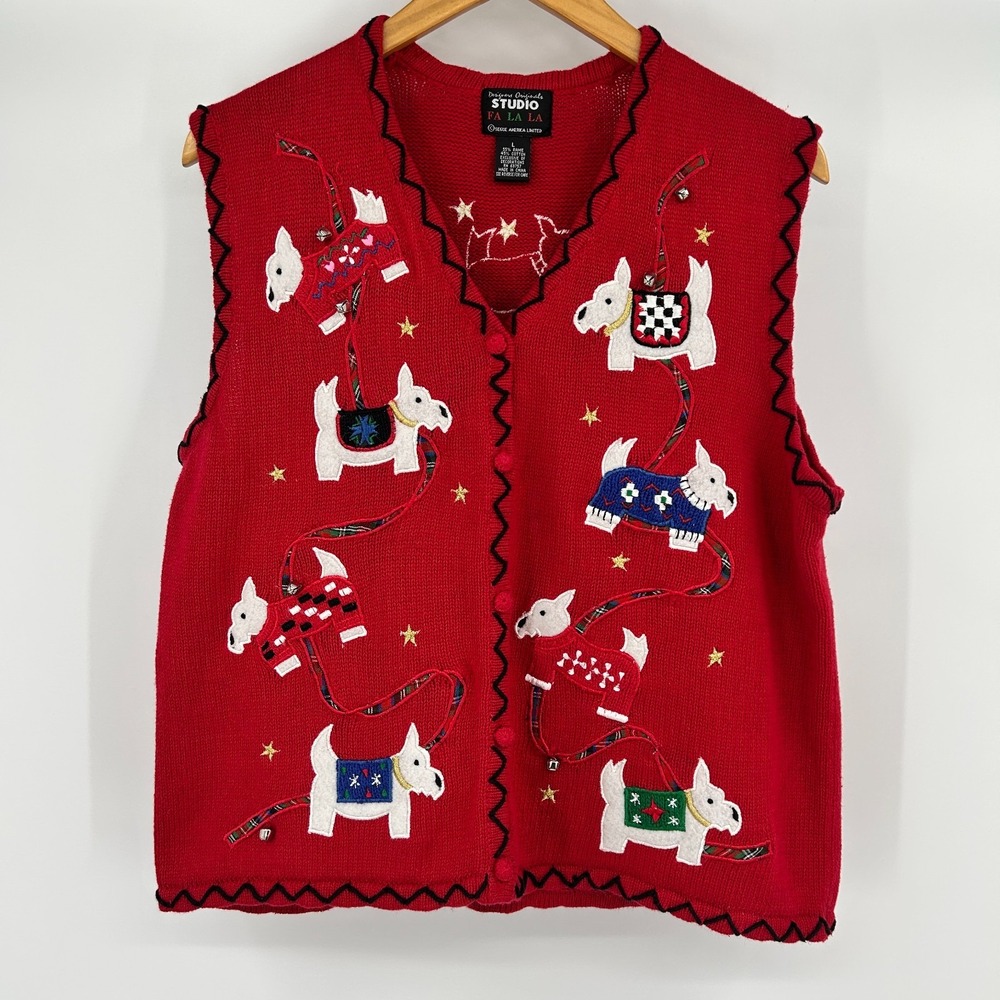 Vintage Designer Originals Dog Christmas Vest Womens L Ramie Cotton 3D Unique